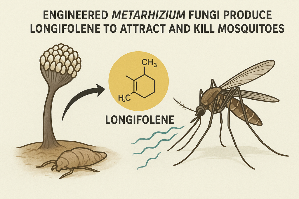 Engineered Metarhizium fungi produce longifolene to attract and kill mosquitoes.